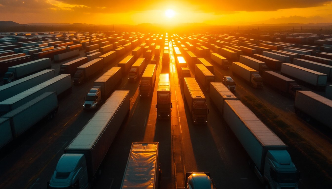Frota de caminhões de carga em um pátio logístico ao entardecer
